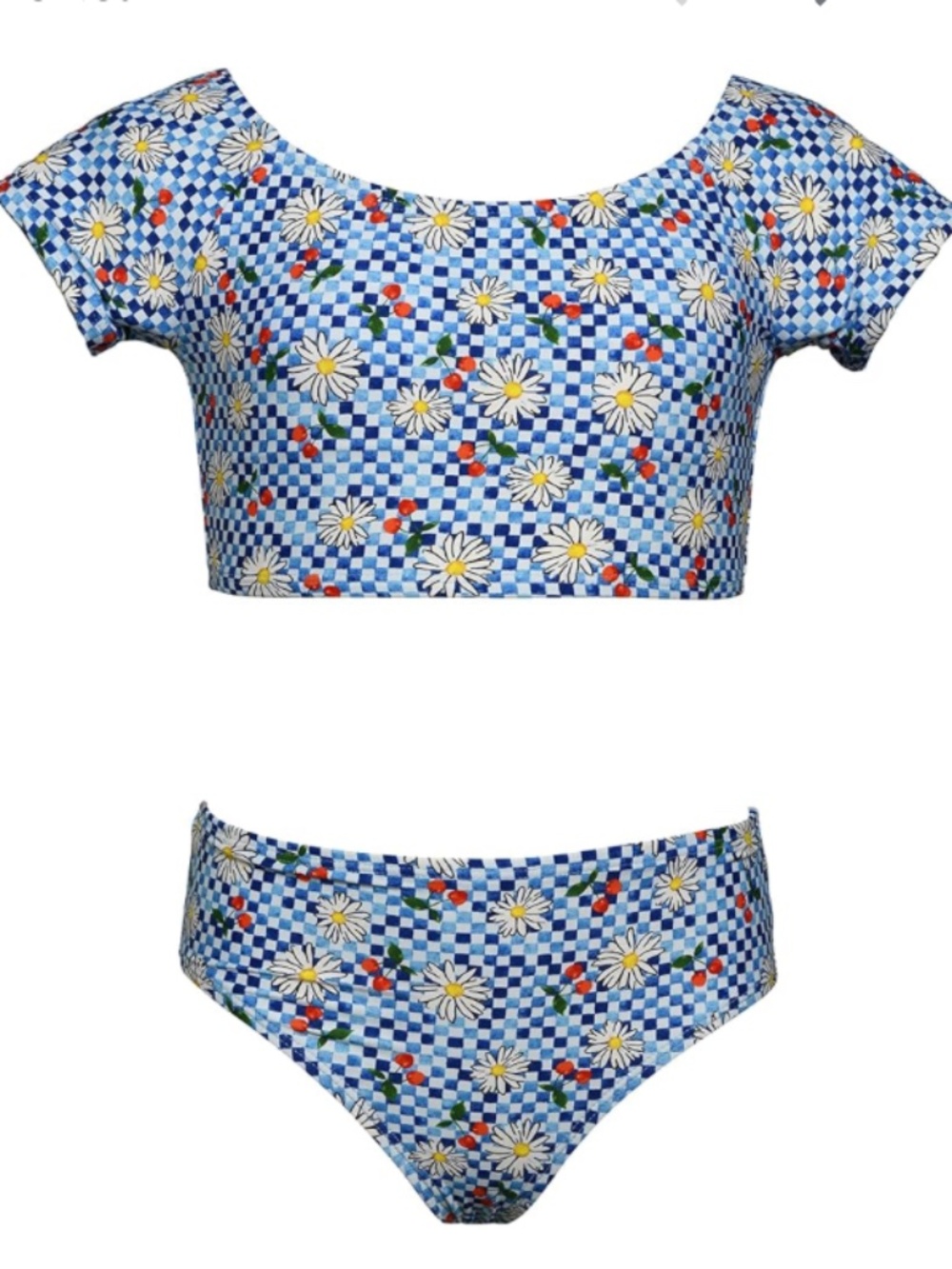 Hobie girls size 16 bikini swimsuit floral cap sleeve bralette set blue gingham